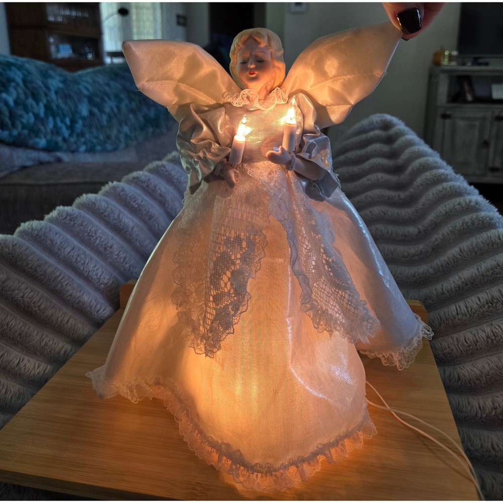 Vintage Lighted Angel Christmas Tree Topper Porcelain White Lace 12 Inch